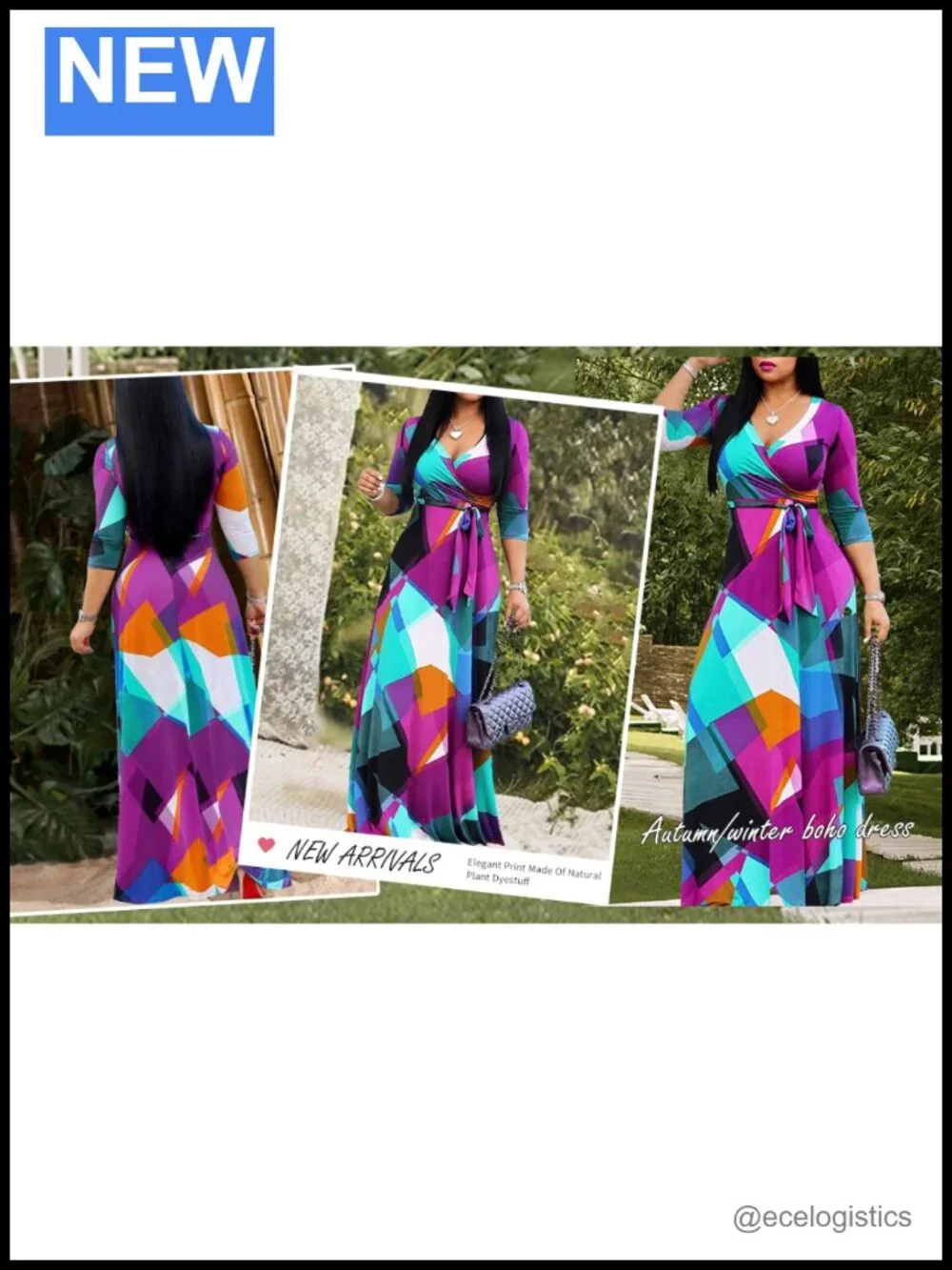 Plus Size Maxi Dress V-Neck 3/4 Sleeve Floral Wrap with Pockets & Belt